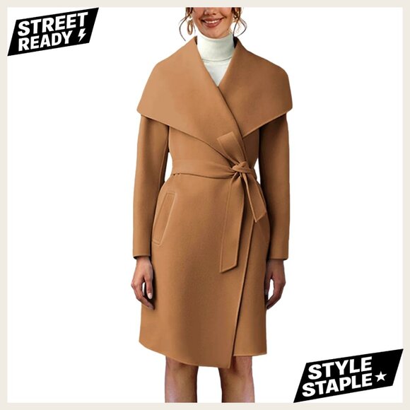 Women's Pea Trench Coat Lapel Collar Long Jacket Belted Overcoat with Pockets